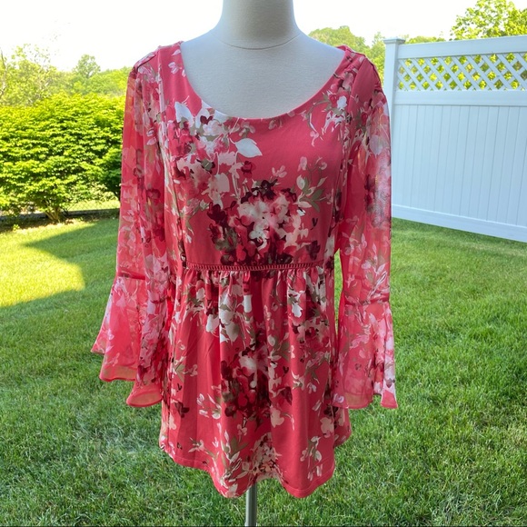 Floral Pink Blouse with Bell Sleeves - Picture 1 of 14